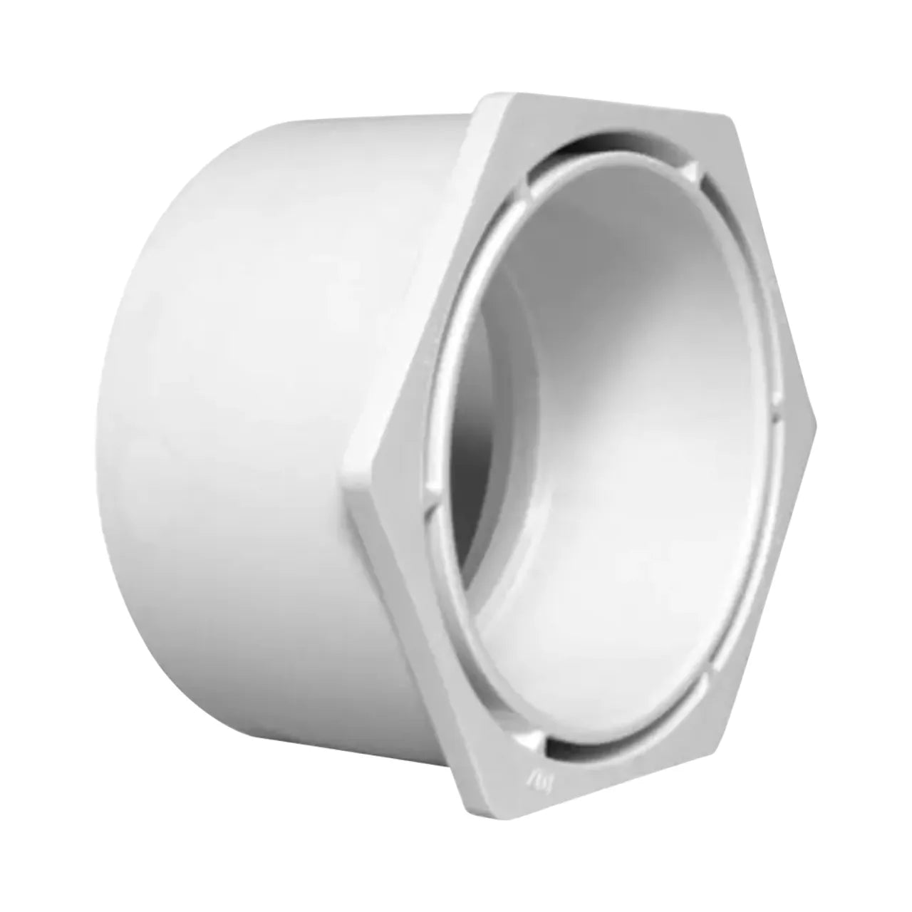 A Go Build 3 in. x 2 in. PVC DWV Spg x Hub Flush Bushing, white plastic and hexagonal, with a large and small opening on either end, is shown against a plain white background.